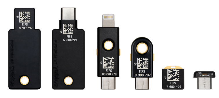 YubiKey 5 FIPS Series security keys in multiple form factors